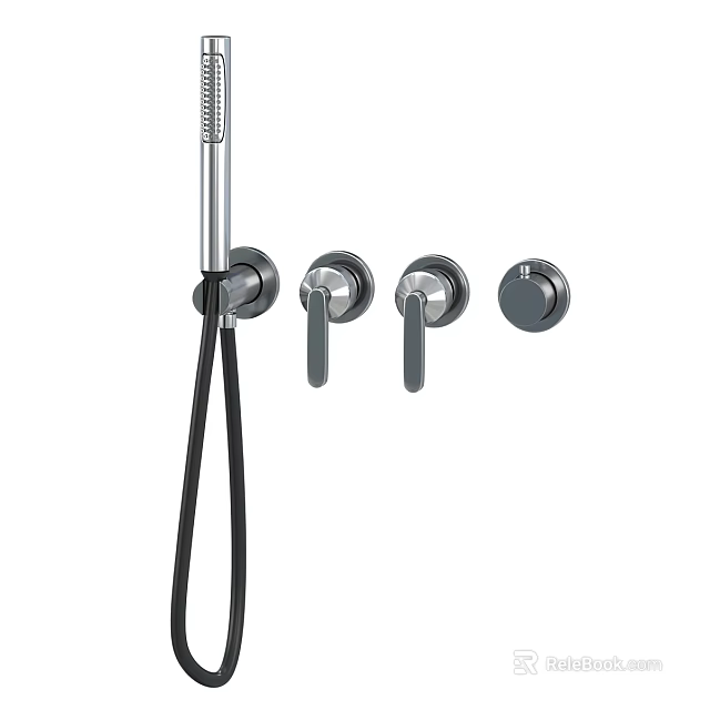 Chrome Bathroom Faucet With Multiple Control Knobs And Handheld Shower Head 3d model 