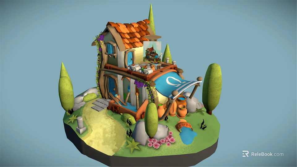 Cartoon House With Orange Roof Surrounded By Trees Path Flowers And Small Waterfall 3d model 