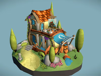 Cartoon House With Orange Roof Surrounded By Trees Path Flowers And Small Waterfall 3d model