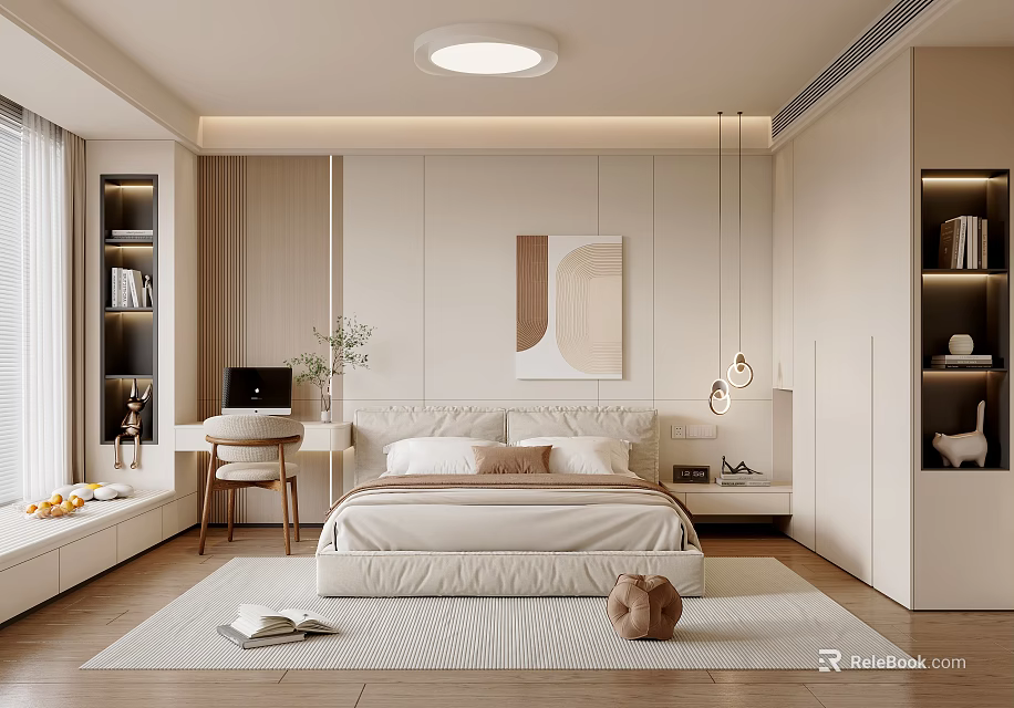 Modern Minimalist Bedroom Interior With Neutral Tones Platform Bed Abstract Painting And Pendant Lights 3d model 