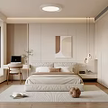 Modern Minimalist Bedroom Interior With Neutral Tones Platform Bed Abstract Painting And Pendant Lights