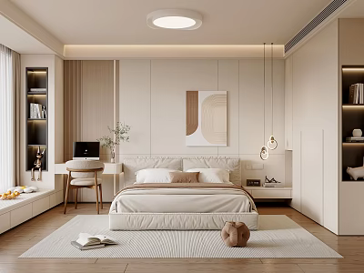 Modern Minimalist Bedroom Interior With Neutral Tones Platform Bed Abstract Painting And Pendant Lights 3d model