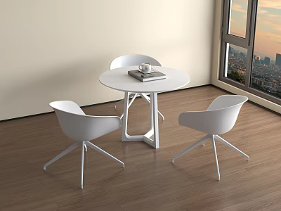 Modern White Round Meeting Table And Chairs By Window With City Sunset View 3d model