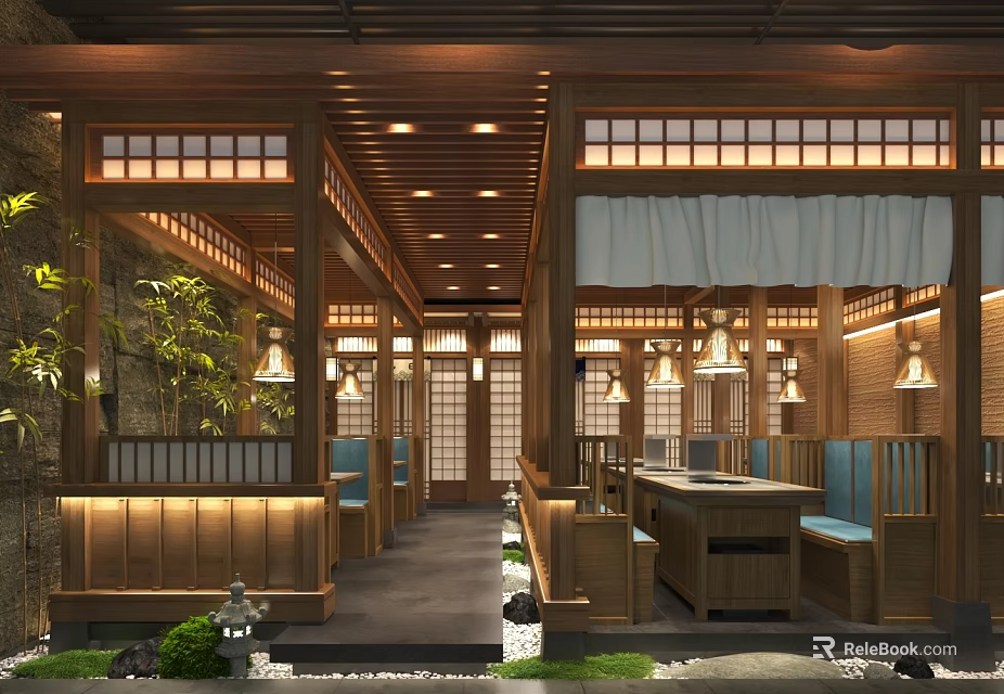 Traditional Japanese Restaurant Interior With Wooden Shoji Screens Lanterns And Cozy Seating 3d model 