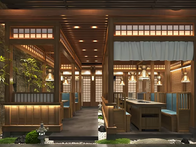 Traditional Japanese Restaurant Interior With Wooden Shoji Screens Lanterns And Cozy Seating 3d model
