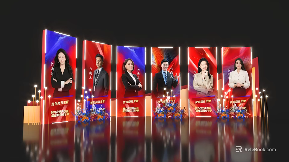 Professional Activity Channel With Exhibition Boards Formal Attire Speakers And Decorative Flowers 3d model 