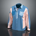 Blue And Pink Color Block Shirt With Collar Pockets And Long Sleeves