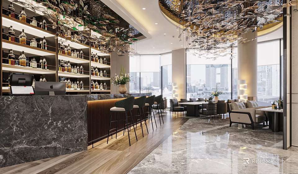 Luxurious Modern Hotel Lobby Interior With Chandelier Bar Counter Floor-to-ceiling Windows And Sofa Seating 3d model 