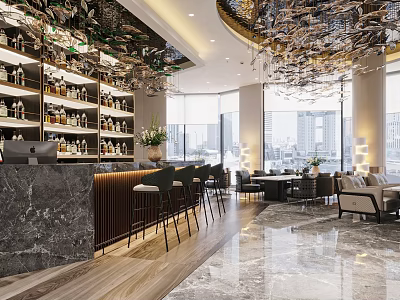 Luxurious Modern Hotel Lobby Interior With Chandelier Bar Counter Floor-to-ceiling Windows And Sofa Seating 3d model