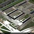 Modern School Building With Symmetrical Design Glass Facade Front Plaza And Spacious Trees