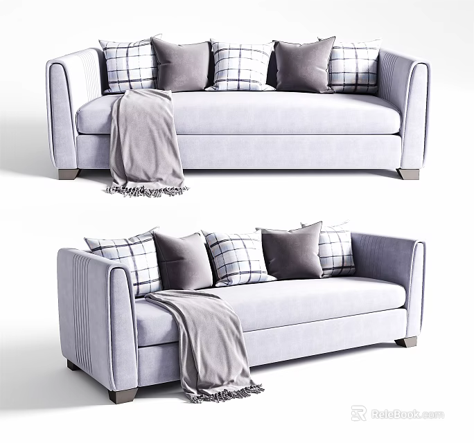 Light Gray Multi-seat Sofa With Plaid And Solid Pillows And Throw Blanket 3d model