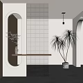 Modern Minimalist Interior With Arched Doorways Glass Partition And Potted Plants