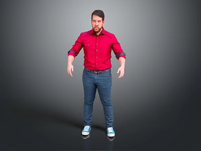 Game Movie Character In Red Shirt Blue Jeans And Blue Sneakers Standing Against Gray Background 3d model