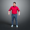 Game Movie Character In Red Shirt Blue Jeans And Blue Sneakers Standing Against Gray Background