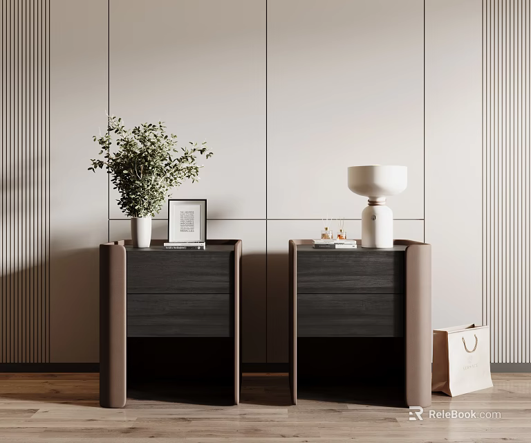 Two Modern Bedside Tables In Bedroom With Drawers Potted Plant Picture Frame And Lamp 3d model 