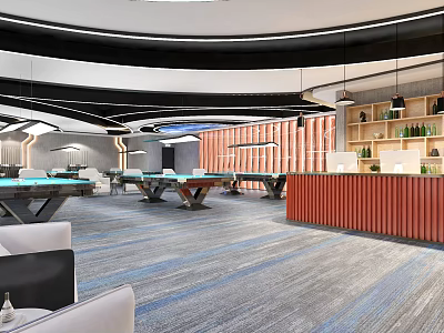 Modern Billiard Room Interior With Tables Lighting Bar Counter Blue Gray Carpet And Comfortable Seating 3d model