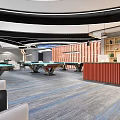 Modern Billiard Room Interior With Tables Lighting Bar Counter Blue Gray Carpet And Comfortable Seating