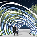 Modern Garden Landscape With Curved Arched Structures Pathway Trees And Night Sky Lighting