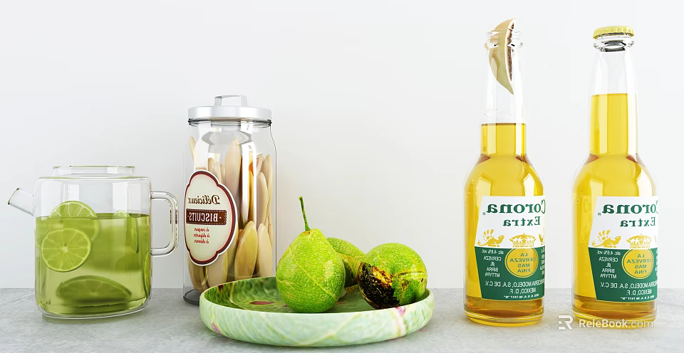 Beer Bottle And Wine Glass With Nonna's Biscotti Jar Green Fruits On Plate 3d model 