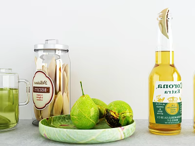 Beer Bottle And Wine Glass With Nonna's Biscotti Jar Green Fruits On Plate 3d model