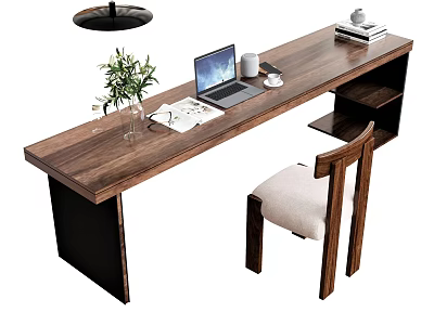 Wooden Desk with Laptop Open Book Cup Potted Plant and Wooden Chair with Shelves 3d model