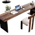 Wooden Desk with Laptop Open Book Cup Potted Plant and Wooden Chair with Shelves