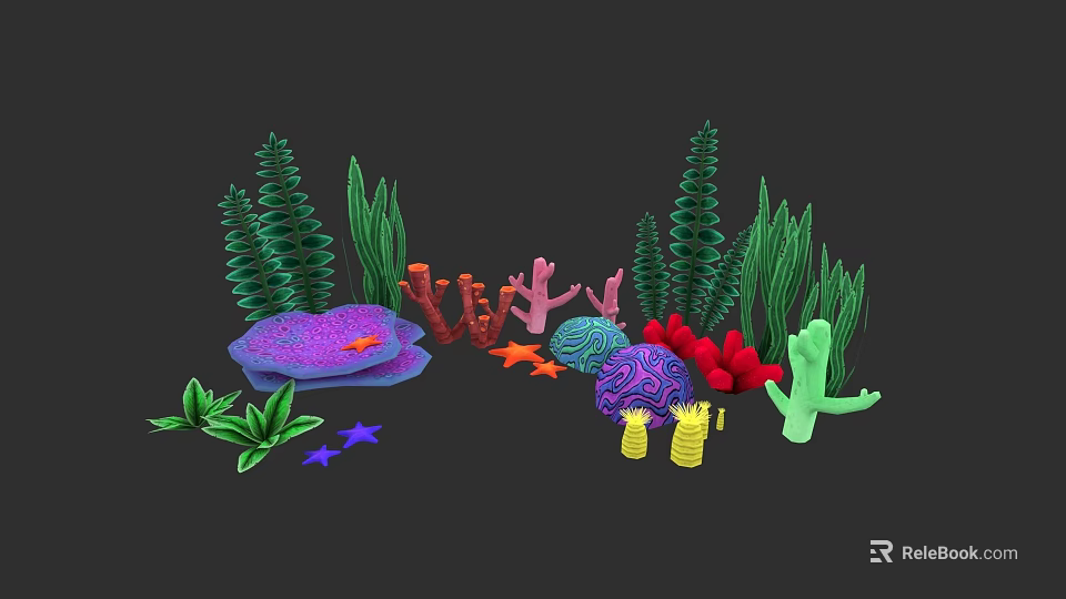 Vibrant Ocean Plant Art Featuring Colorful Seaweed Corals Starfish And Mushrooms 3d model 