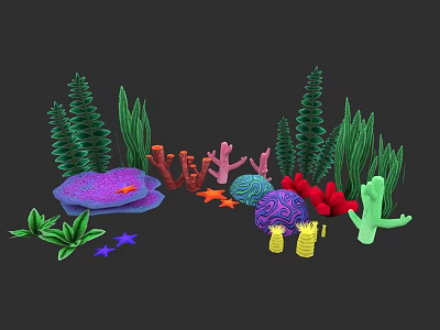 Vibrant Ocean Plant Art Featuring Colorful Seaweed Corals Starfish And Mushrooms 3d model