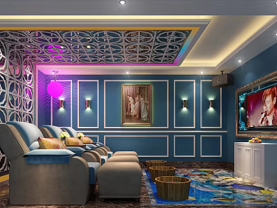 Elegant SPA Sauna Interior With Blue Walls Patterned Ceiling And Comfortable Sofas 3d model