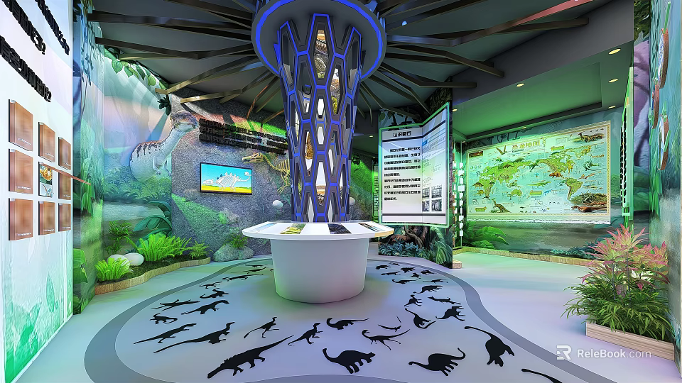 Dinosaur Themed Exhibition Area With White Central Stand Blue Decor And Footprints 3d model 