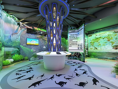 Dinosaur Themed Exhibition Area With White Central Stand Blue Decor And Footprints 3d model