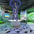 Dinosaur Themed Exhibition Area With White Central Stand Blue Decor And Footprints