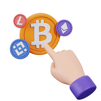 Digital Game Movie Character Hand Clicking Bitcoin with Surrounding Cryptocurrencies Litecoin Ethereum 3d model