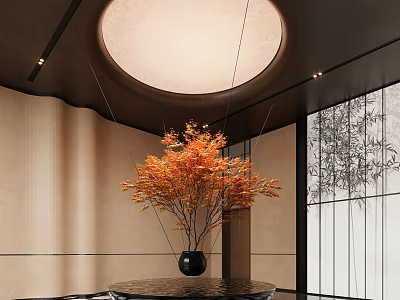 Modern Minimalist Interior Featuring Circular Ceiling Light Orange Branches In Black Vase And Bamboo Screen 3d model