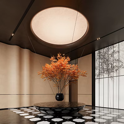 Modern Minimalist Interior Featuring Circular Ceiling Light Orange Branches In Black Vase And Bamboo Screen 3d model