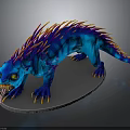 Blue Striped Fantasy Creature With Colorful Spines Yellow Eyes Sharp Claws Tongue Out On Base