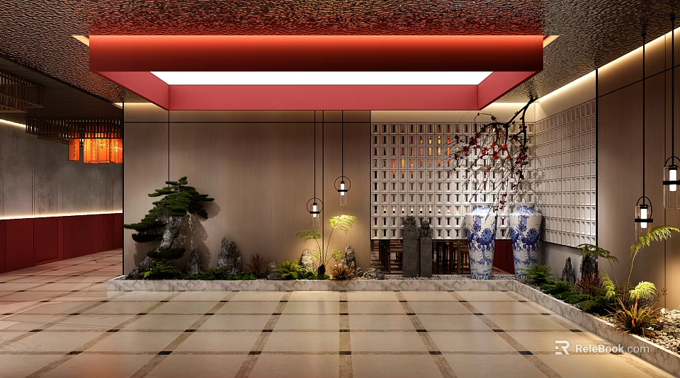 Japanese Restaurant With Lattice Wall Potted Pine Blue White Vases Red Ceiling And Stone Landscape 3d model 