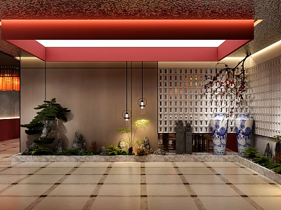 Japanese Restaurant With Lattice Wall Potted Pine Blue White Vases Red Ceiling And Stone Landscape 3d model