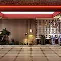 Japanese Restaurant With Lattice Wall Potted Pine Blue White Vases Red Ceiling And Stone Landscape