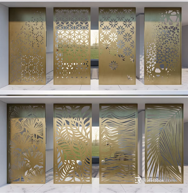 Golden Laser Cut Room Dividers With Floral And Palm Leaf Patterns For Modern Interiors 3d model 
