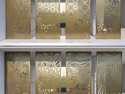 Golden Laser Cut Room Dividers With Floral And Palm Leaf Patterns For Modern Interiors 3d model