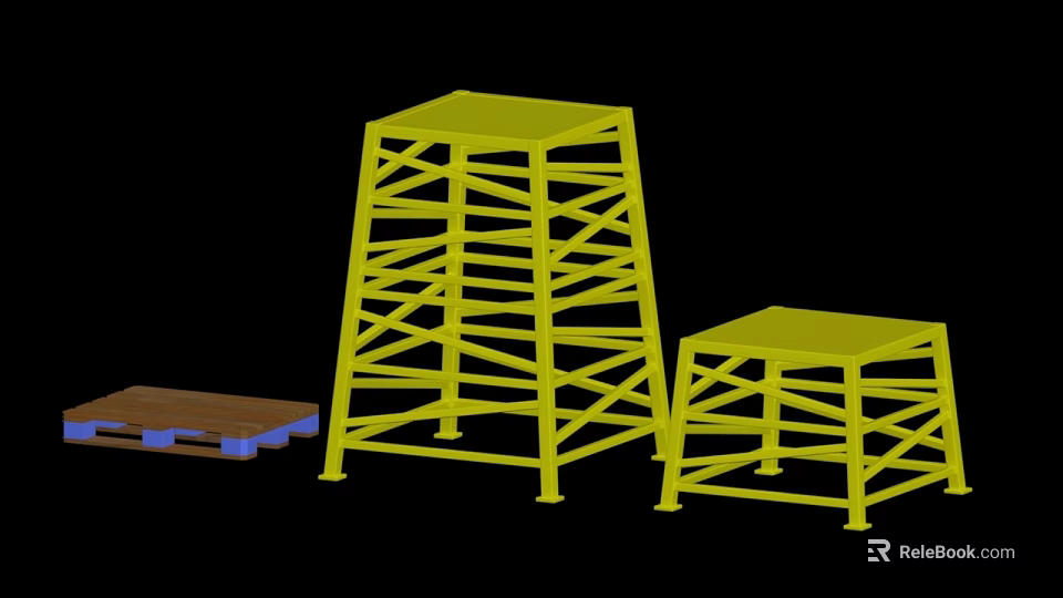 Yellow Wrought Iron Stands With Geometric Cross Design And Supporting Wooden Tray 3d model 