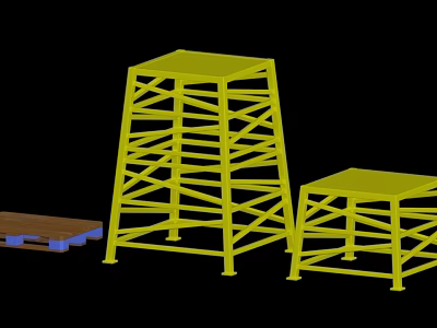 Yellow Wrought Iron Stands With Geometric Cross Design And Supporting Wooden Tray 3d model