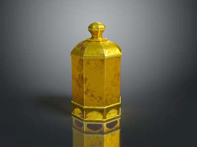 Golden Hexagonal Decorative Box With Lid And Surface Patterns On Black Background With Reflection 3d model