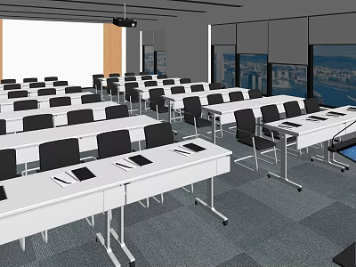 Modern Conference Room Interior With Arranged Tables Chairs Projector Large Windows And City View 3d model