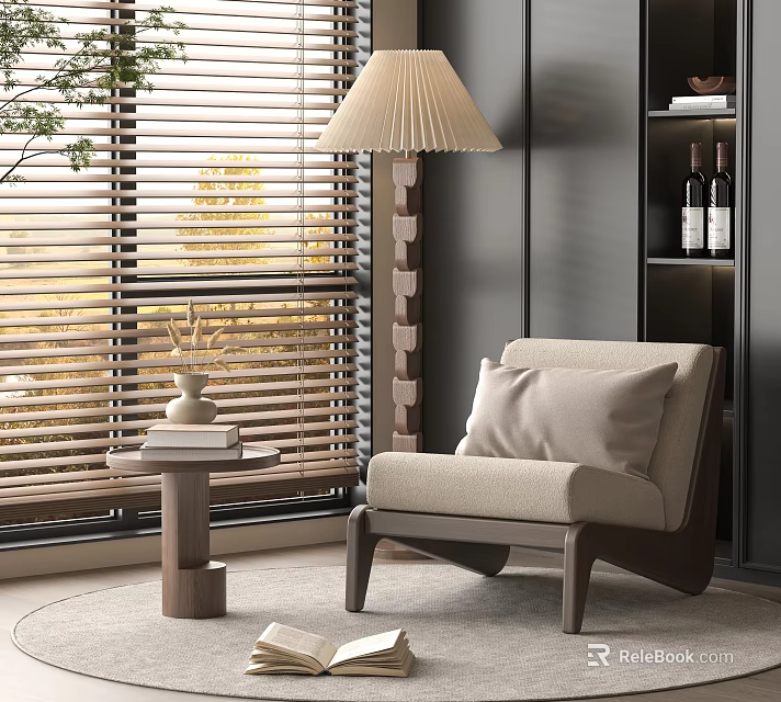 Beige Upholstered Lounge Chair With Wooden Side Table And Pleated Floor Lamp Near Window Blinds 3d model 