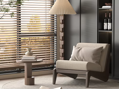 Beige Upholstered Lounge Chair With Wooden Side Table And Pleated Floor Lamp Near Window Blinds 3d model