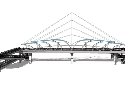 Modern Landscape Bridge Design With Triangular Roof Structure And Blue Canopy Elements 3d model