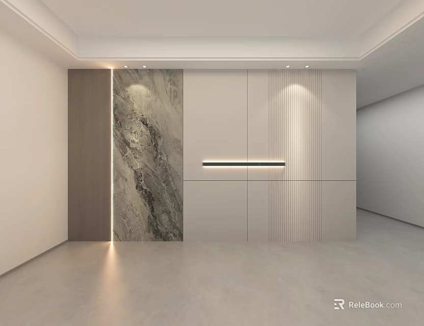 Modern Background Wall with Wooden Panel Marble Texture White Vertical Stripe Panels and Lighting Strips 3d model 