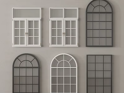 Different Design Windows in White and Black Arched Rectangular Frames 3d model
